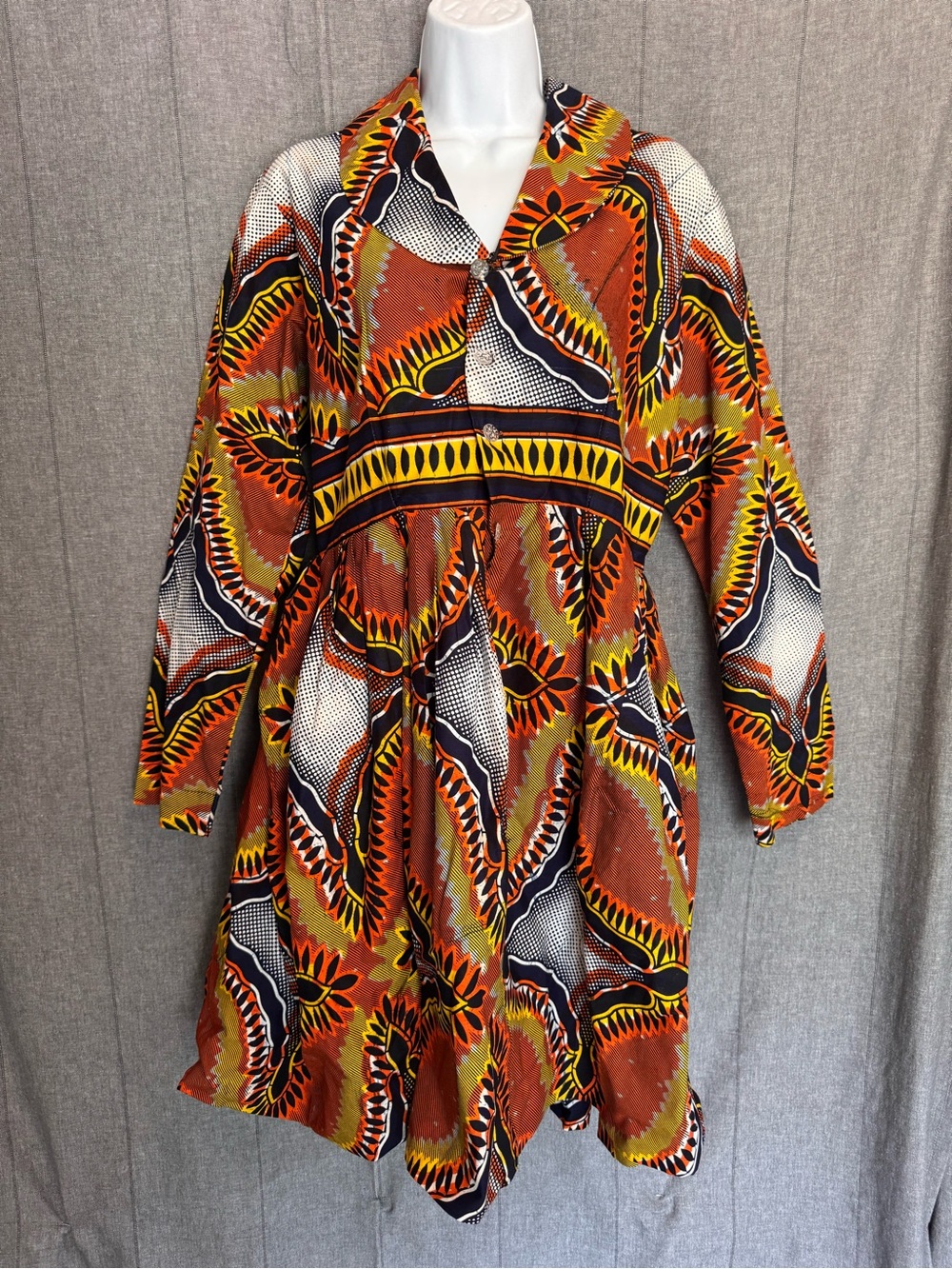Black Orange African Tribal Print A Line Flare Long Sleeve Short Dress XL Plus
*